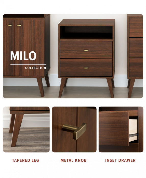 Milo Mid-Century Modern Bookcase with 6 Shelves, 2 Doors & Brushed Brass-Finished Knobs - Cherry