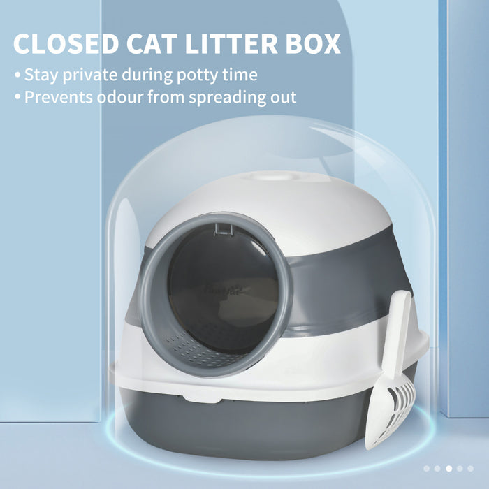 Pawhut Foldable Cat Litter Box With Lid, Covered Litter Box W/ High Sides, Air Freshener, Large Front Entry Cat Box, Easy Clean, White And Gary