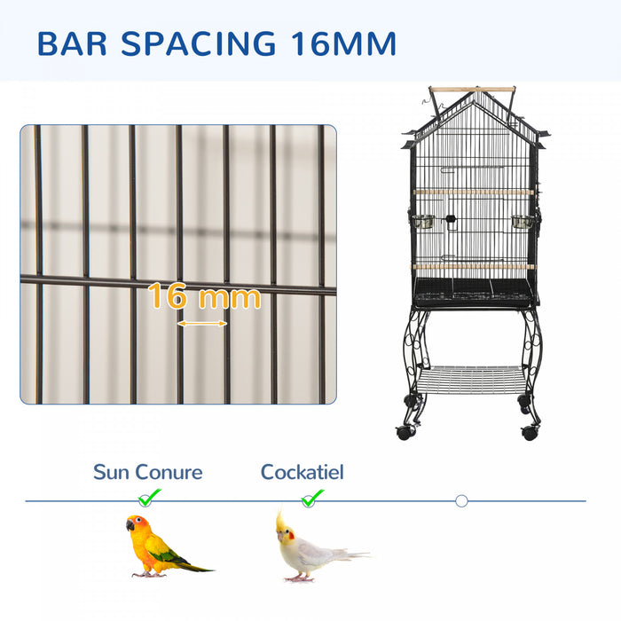 Pawhut Bird Cage 57 Inch Flight Cage For Cockatiel, Conure With Rolling Stand, Pull Out Tray, Storage Shelf, Open Top, 0.75\" Bar Spacing