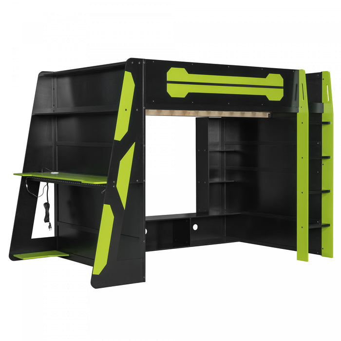 Olivia Wood Loft Bed with Desk and Multi-storage Shelves,RGB Light,Green Full Bed