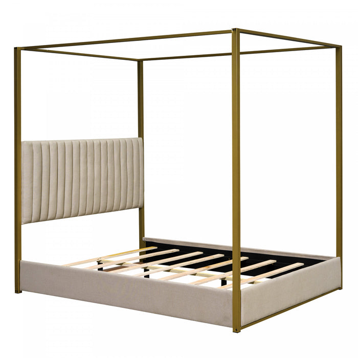 Sophia Upholstery Canopy Platform Bed with Foam Headboard and Velvet,Queen Size,Beige Queen Bed