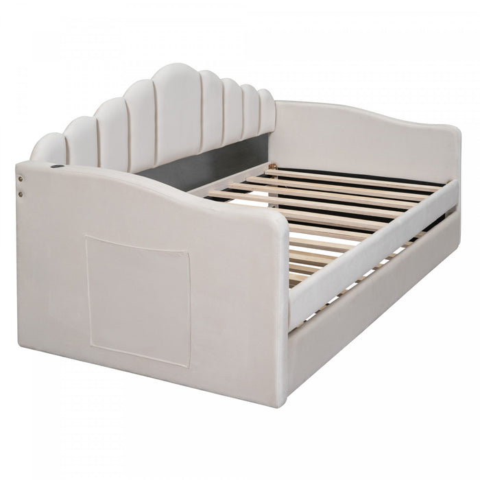 Lily Upholstered Daybed with Trundle and USB Charging Ports,Twin Size,Beige Twin Bed