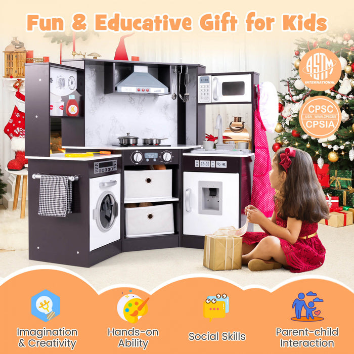 Costway Wooden Kids Play Corner Kitchen With Realistic Lights & Sounds Lighted Range Hood Brown