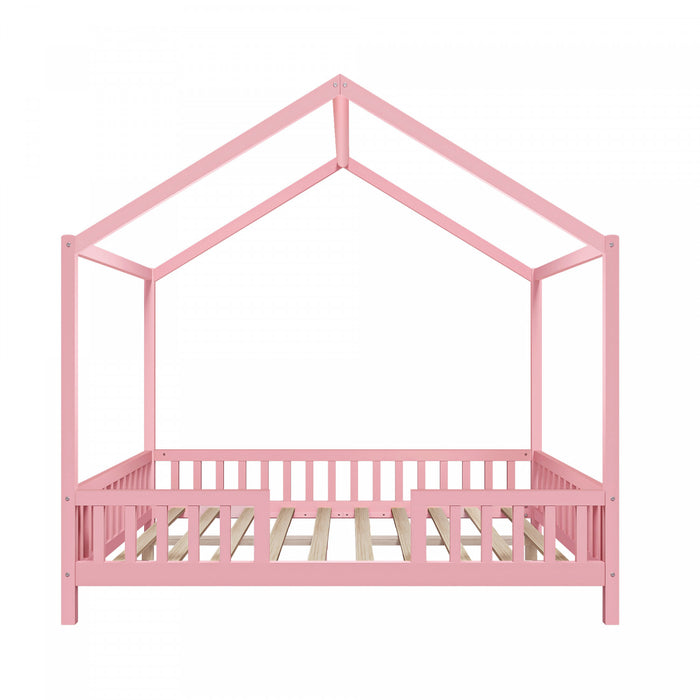 Paul Montessori Floor Bed with Canopy and High Railings,Full Size, Pink Full Bed