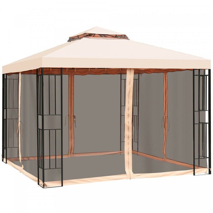 10x10ft Metal Gazebo W/ Mosquito Netting Canopy Gazebo 2 Tier Vented Gazebo Top