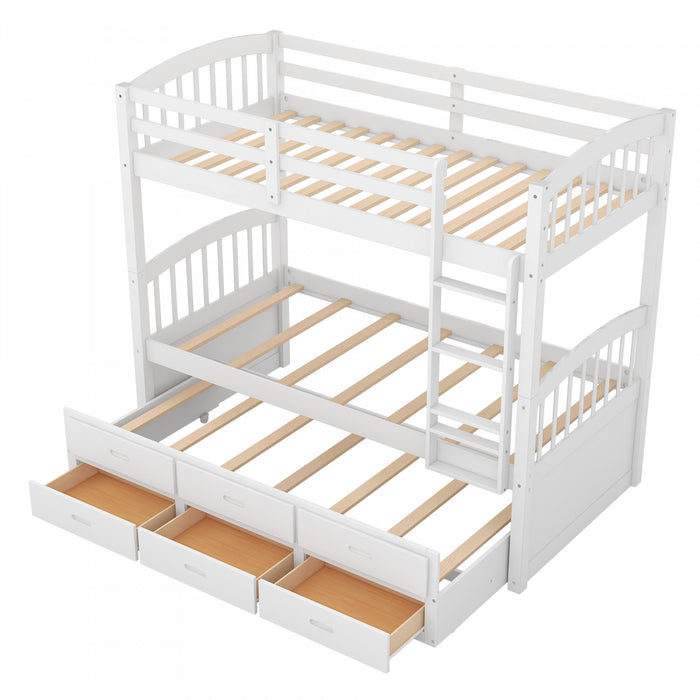 Sean Solid Wood Convertible Design Bunk Bed With Trundle And Drawers, Twin Size, White