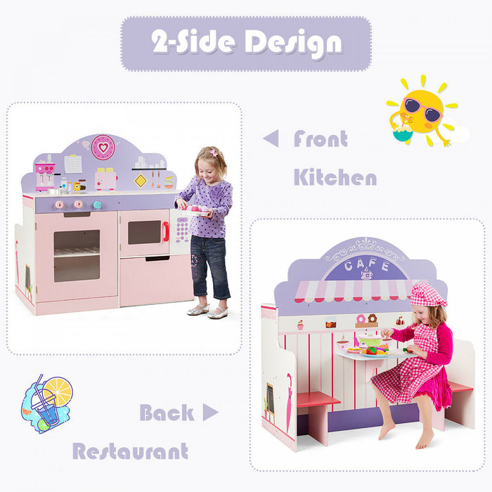 Costway 2 In 1 Kids Play Kitchen & Cafe Restaurant Wooden Pretend Cooking Playset Toy
