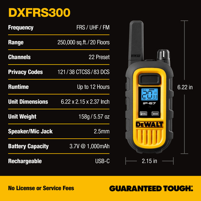 6 Dewalt DXFRS300 Work Site Walkie Talkies - 1 Watt, Heavy Duty, Long Range Indoor-Outdoor Two Way Radios + 22 Channel