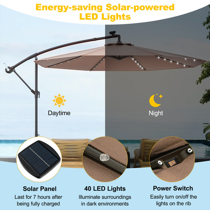Costway 10 Ft Patio Solar LED Offset Umbrella 40 Lights Crank Cross Base Tan