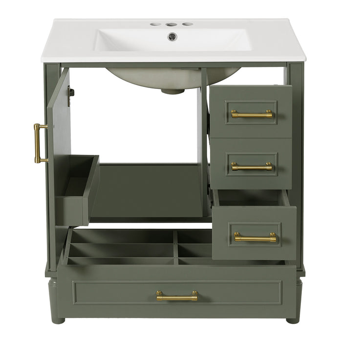 Emerson 30 Inch Bathroom Vanity with Ceramic Sink and Three Drawers, Olive Green