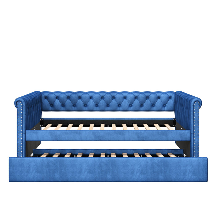 Sophia Tufted Design Upholstered Daybed with Trundle and Comfortable Backrest,Blue