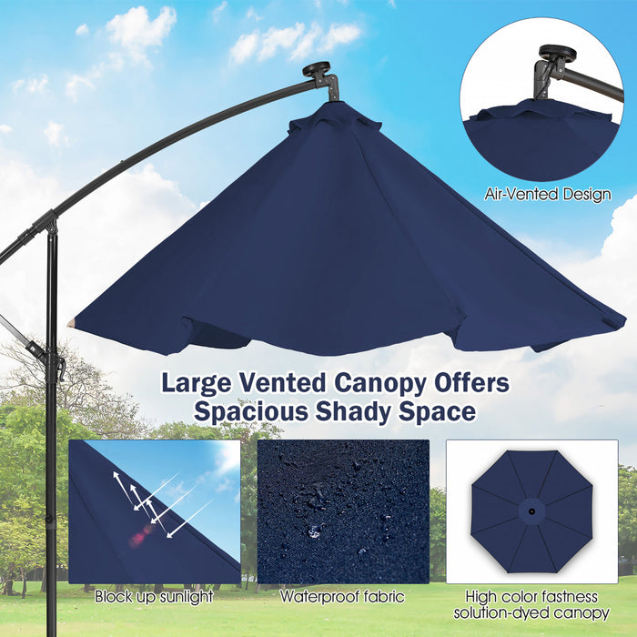 Costway 10FT Cantilever Solar Powered 32LED Lighted Patio Offset Umbrella Outdoor Navy