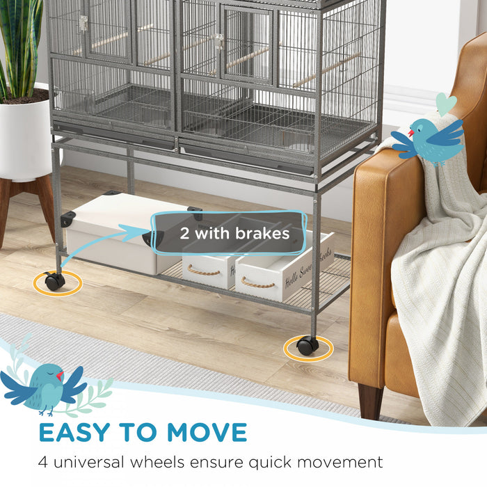 Pawhut 61 Inch Large Double Rolling Metal Bird Cage Bird House With Removable Metal Tray, Storage Shelf, Wood Perch, Food Container