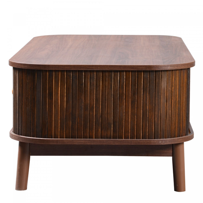 Grain 43.5 Inch Rattan Coffee Table with Sliding Doors, Drawers and Solid Wood Legs, Wood