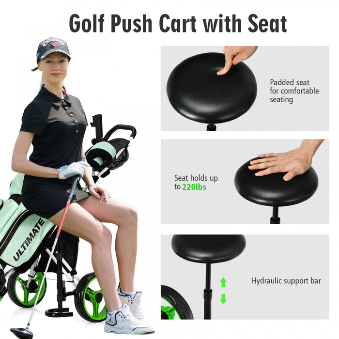 Goplus Folding 3 Wheels Golf Push Cart W/seat Scoreboard Adjustable Handle Green