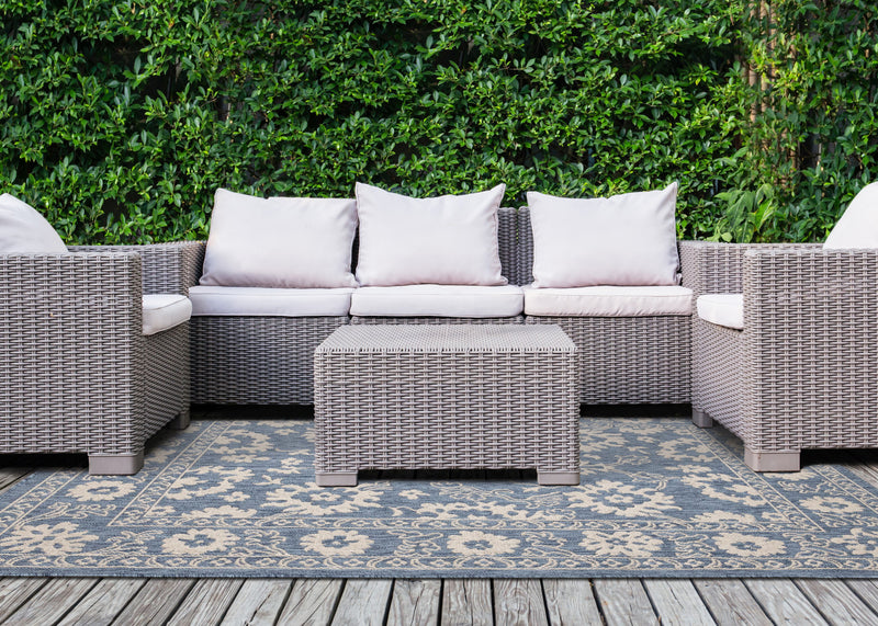 Cabana Blue White Elegant Border Outdoor Rug, 7'10\" x 10'6\" Outdoor Area Rug