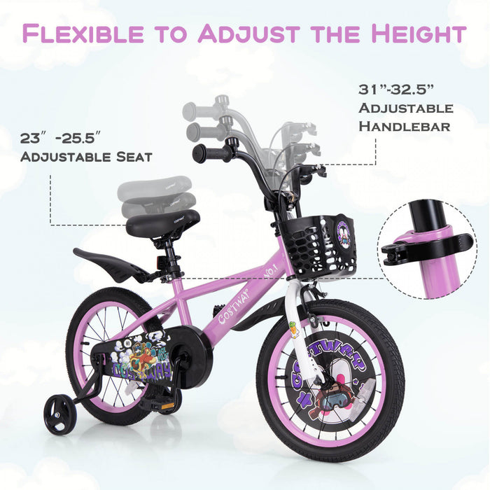 Costway 16\" Kid's Bike For 4-7 With Height-adjustable Handlebar & Saddle Handbrake Purple