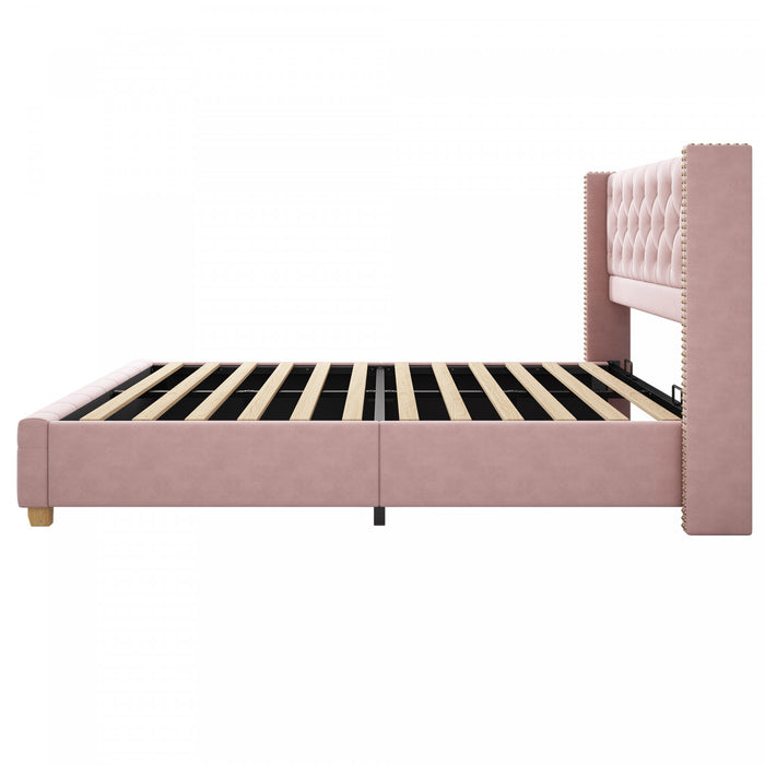 Haley Linen Upholstered Platform Bed with Classic Wingback Headboard and Diamond Tufted Upholstery,Full Size,Pink Full Bed