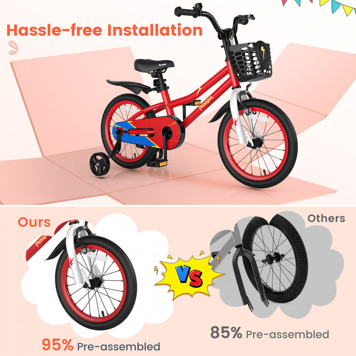 Costway 16\" Kid's Bike With Removable Training Wheels & Basket For 4-7 Years Old Red