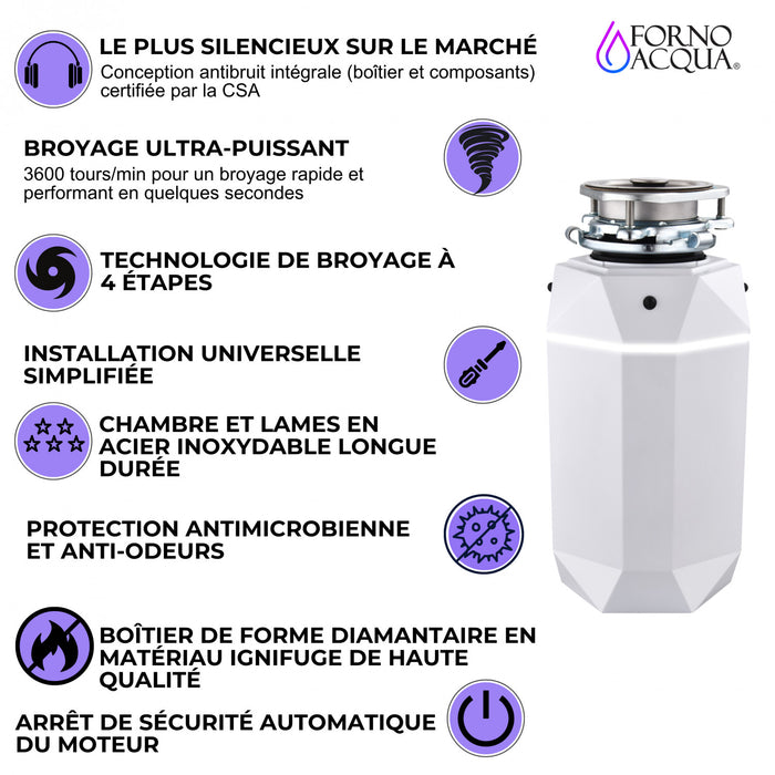 BrightDIAMOND 1HP Quietest Waste Disposer, LED Cabinet Light, Corded & Air Switch, MoonStone - WDD100TA2MS Food Disposer