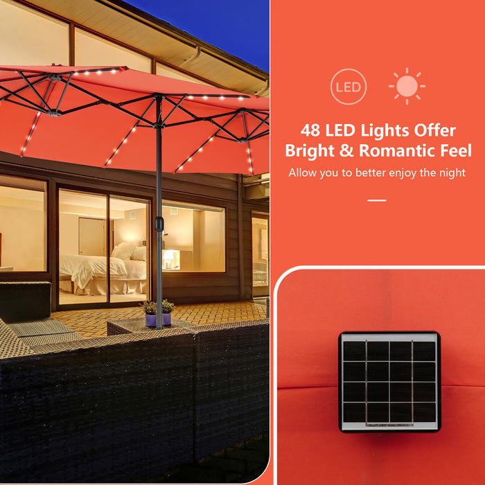 Costway 15FT Twin Patio Double-Sided Umbrella 48 Solar LED Lights Crank Outdoor Orange