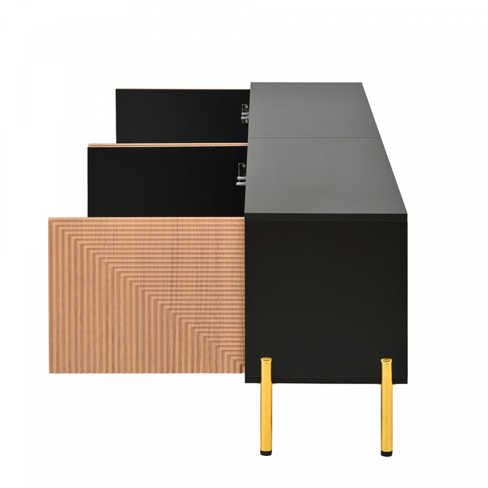 Arcadia 70.5 Inch Modern TV Cabinet with Textured Doors and Gold Legs, Black/Wood