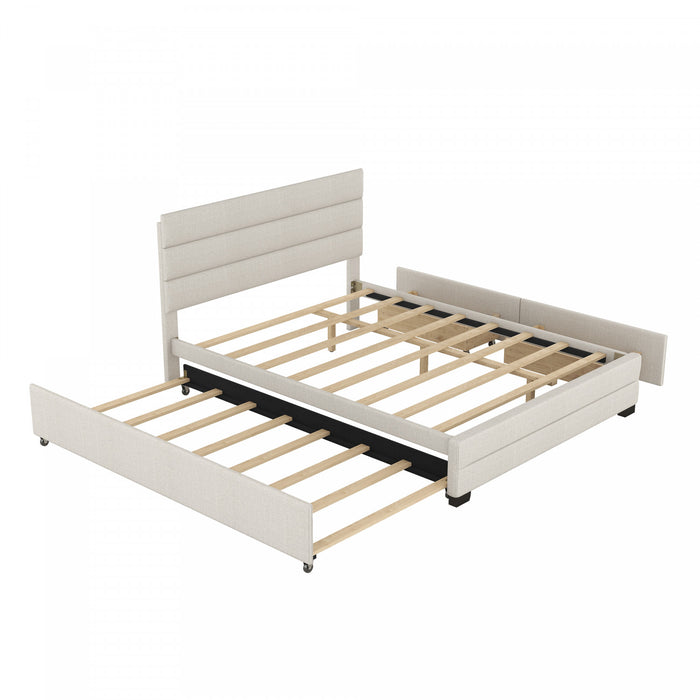 Sophie Linen-look Fabric Upholstered Platform Bed With Trundle And Storage Drawers, Queen Size, Beige