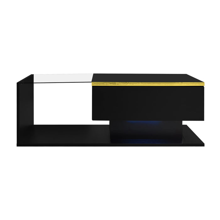 Maxwell High-Gloss 39.4\" Long Coffee Table with Glass and LED Effect,Black