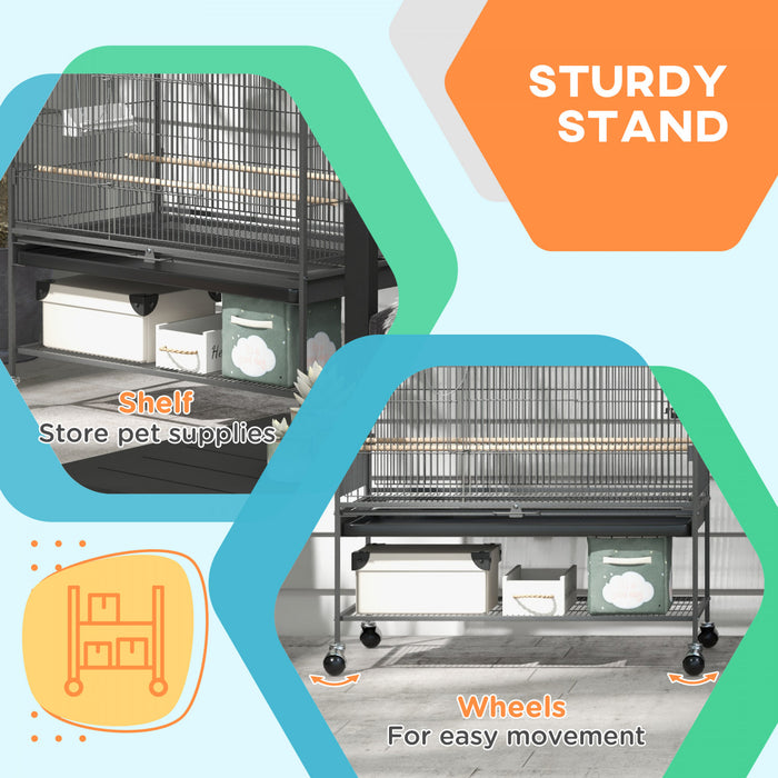 Pawhut 60\" Bird Cage With Stand For Cockatiels Canaries Lovebirds Finches, Budgie Cage With Wheels, Removable Tray, Storage Shelf
