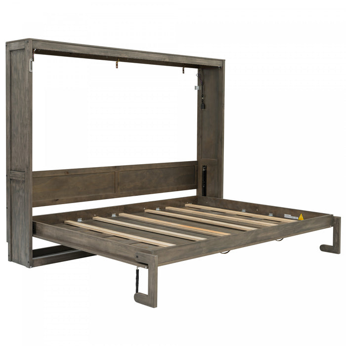 Olivia Solid Wood Murphy Bed with LED Light and Foldable Cabinet,Queen Size,Brown Queen Bed