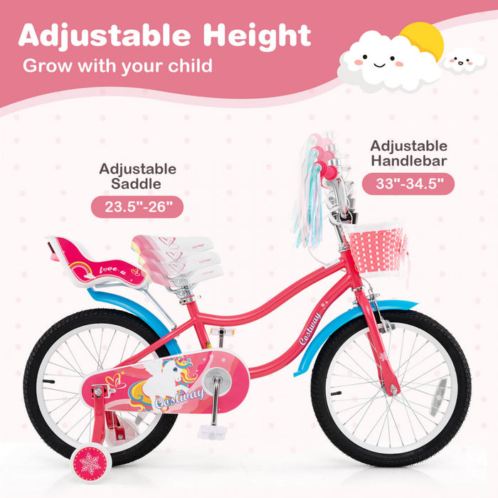 Costway 18\" Kids Bike For 4-8 Years Old With Basket Doll Seat & Colorful Streamers Kickstand Pink