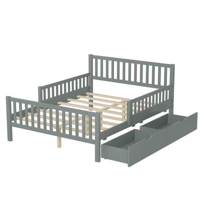 Emma Wood Platform Bed with Guardrails and Storage Drawers,Full Size - Grey