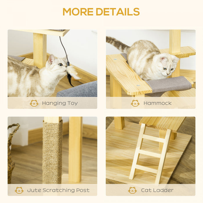 Pawhut 25.5\" Cat Tree Kitty Tower Activity Center Pinewood Cat Climbing Toy Indoor Outdoor Pet Furniture With Jute Scratching Post Bed Perch Hanging Toy Ladder Cushion Natural