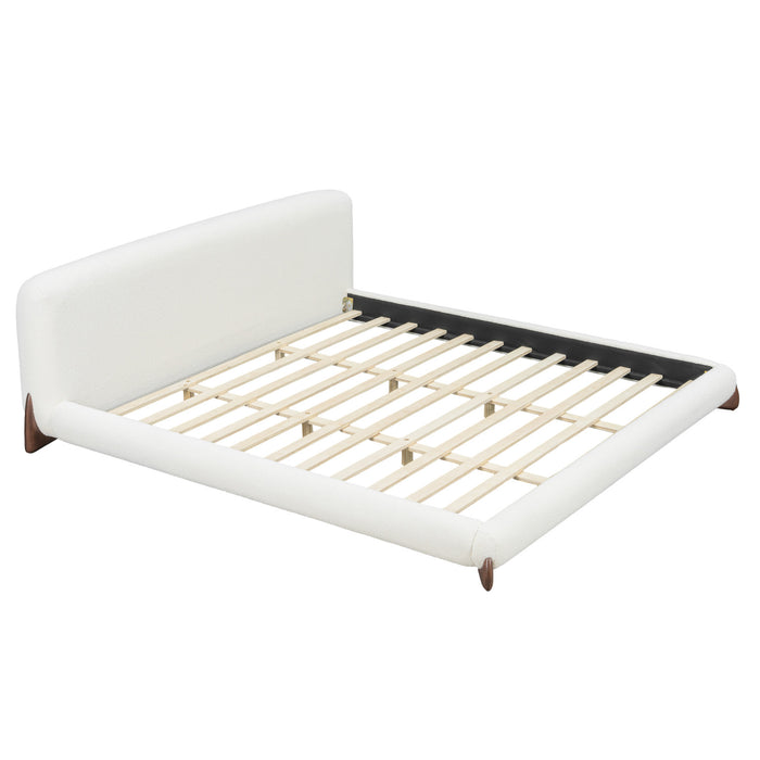 Harper Low Profile Boucle Upholstered Platform Bed Thick Curved Headboard,California King,Cream White King Bed