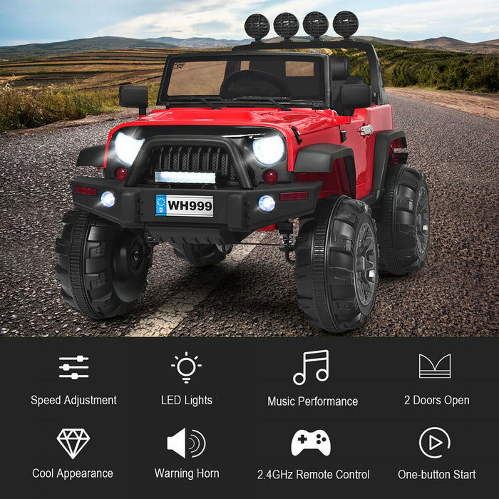 Costway 12v Kids Ride On Truck Rc Car W/ Led Lights Music Trunk Red
