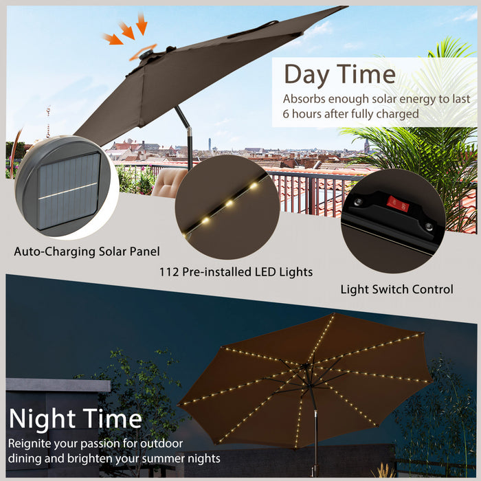 Costway 10 FT 112 LED Solar-Lighted Patio Market Umbrella Crank Tilt Outdoor Coffee