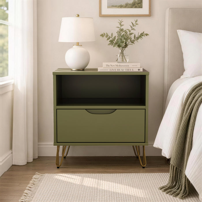 Rockefeller Mid-Century Modern 20\" Nightstand in Olive Green (1-Drawer)
