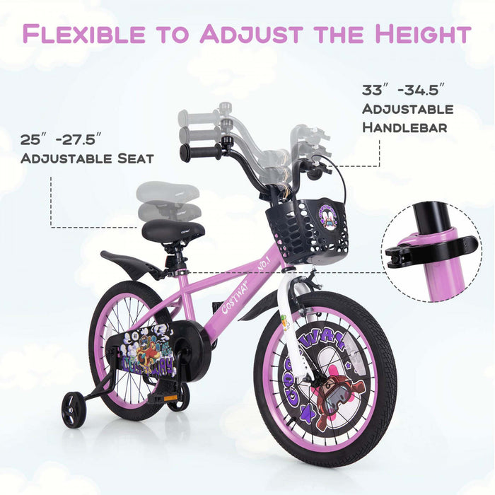 Costway 18\" Kid's Bike For 4-8 With Height-adjustable Handlebar & Saddle Handbrake Purple