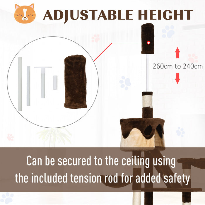 Pawhut 94\"-102\" Huge Cat Tree Ceiling High Cat Condo Scratching Post Activity Center Multi-level Play House Brown