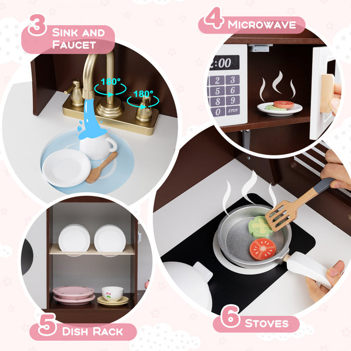 Honeyjoy Kids Kitchen Set Wooden Kitchen Playset With Clock, Microwave, Sink, Dish Rack Brown