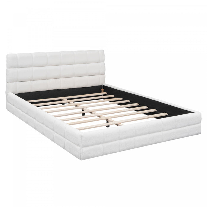 Emma Modern Upholstered Platform Bed with Comfortable Solid Wood,Queen Size,White Queen Bed