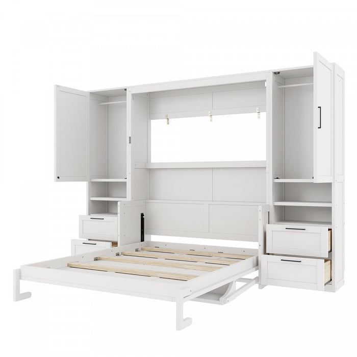 Maria Murphy Bed with Drawers and Shelves,Queen Size,White Queen Bed