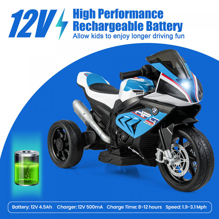 12v Kids Ride On Motorcycle Licensed Bmw 3 Wheels Electric Toy W/ Light & Music Blue