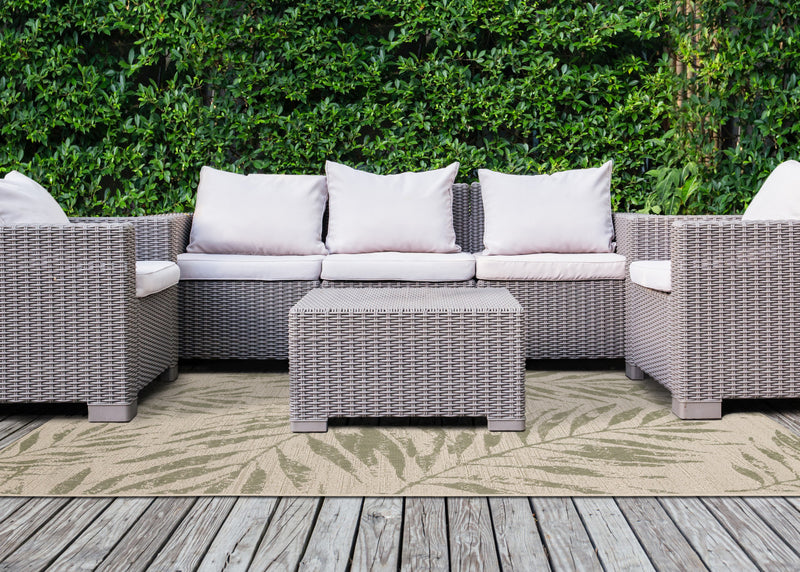 Jackson Taupe White Elegant Border Outdoor Rug, 6'7\" x 9'6\" Outdoor Area Rug
