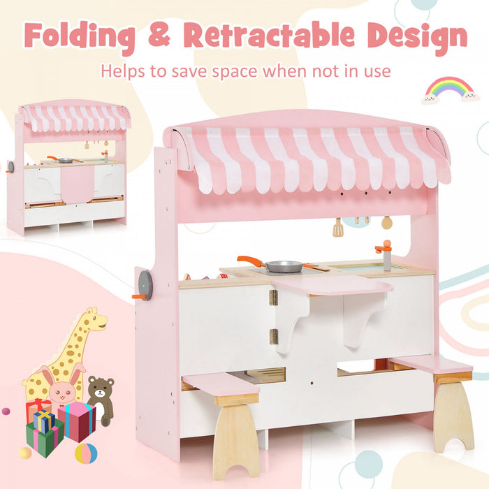 Costway 2 In 1 Kids Play Kitchen & Restaurant Double-sided Pretend Playset With Canopy