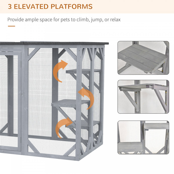 Pawhut Cat Cage Indoor Catio Outdoor Cat Enclosure Pet House Small Animal Hutch For Rabbit, Kitten, Crate Kennel With Waterproof Roof, Multi-level Platforms, Lock, Grey
