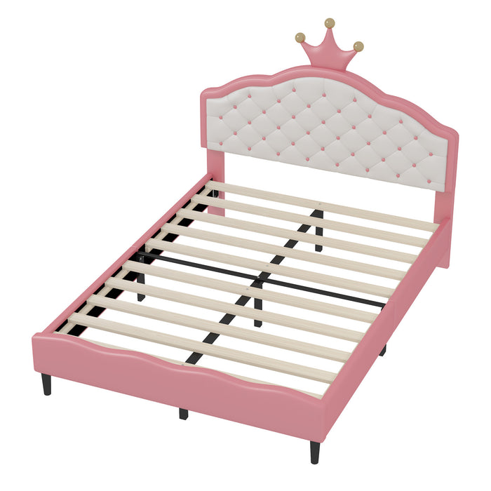 Lily Lovely Crown Fantasy Princess Bed with Tufted PU Leather Headboard,Full Size Full Bed