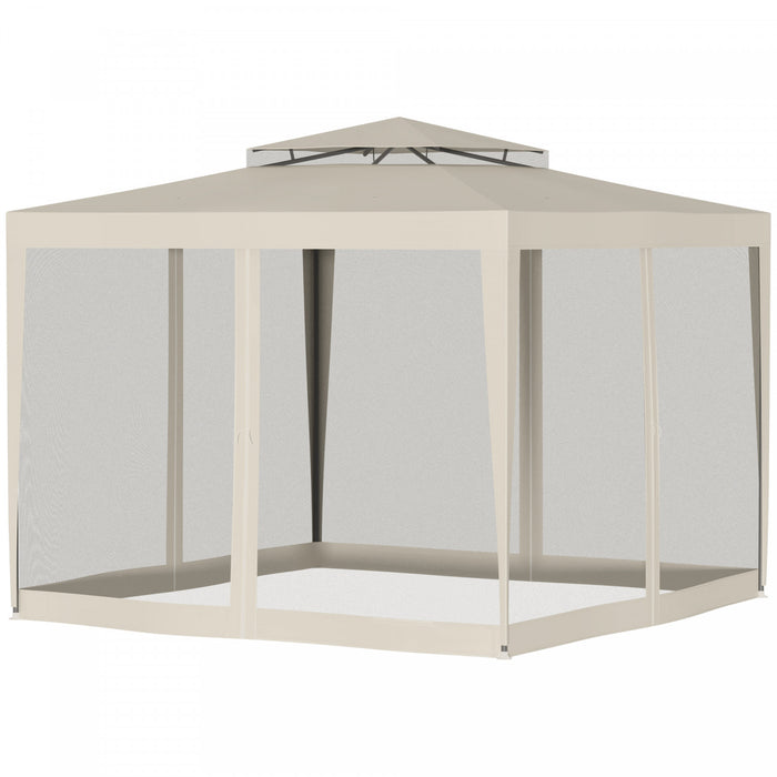 Outsunny 10' X 10' Canopy Tent, Party Tent With Mesh Netting And Double Tier Roof For Backyard, Garden, Patio, Outdoor, Beige