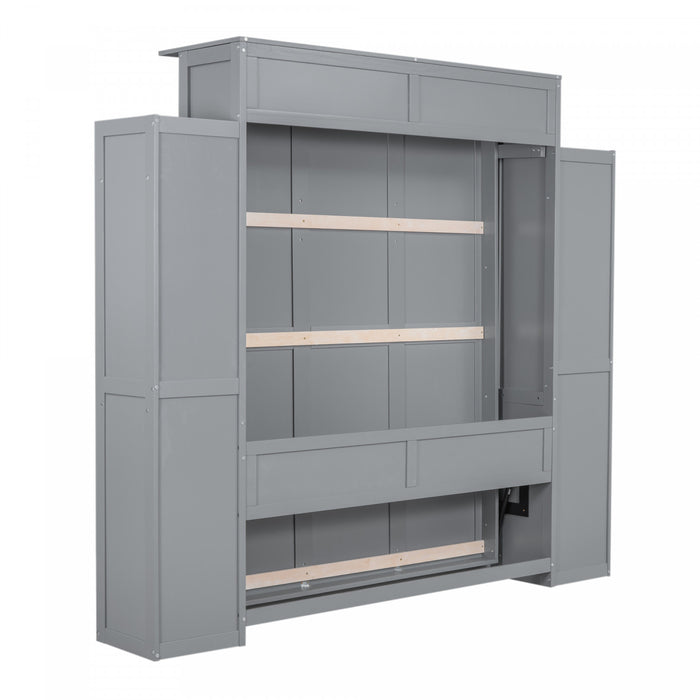 Glenn Engineered Wood Murphy Bed With Shelves And Led Lighting, Queen Size, Grey