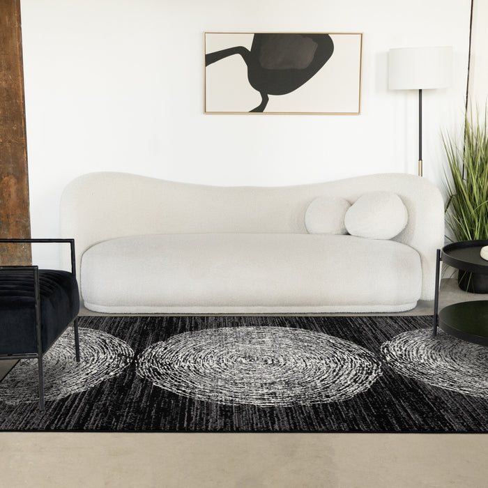 Florence Black Grey White Tree Ring Design Rug, 6'7\" x 9'6\" Indoor Area Rug